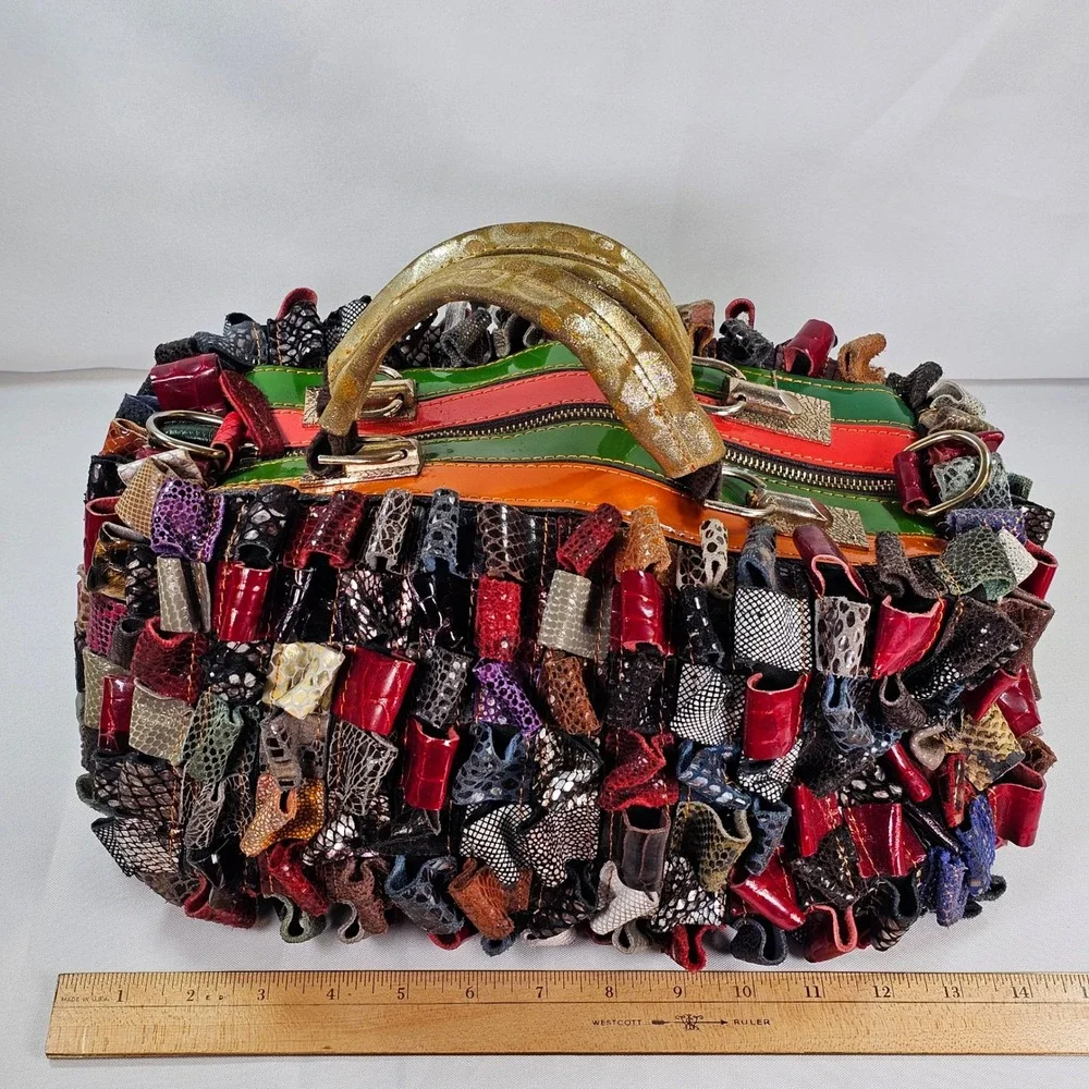 Arianna Dini Clara Handmade‎ Patchwork Leather Satchel Bag Textured Loops Boho